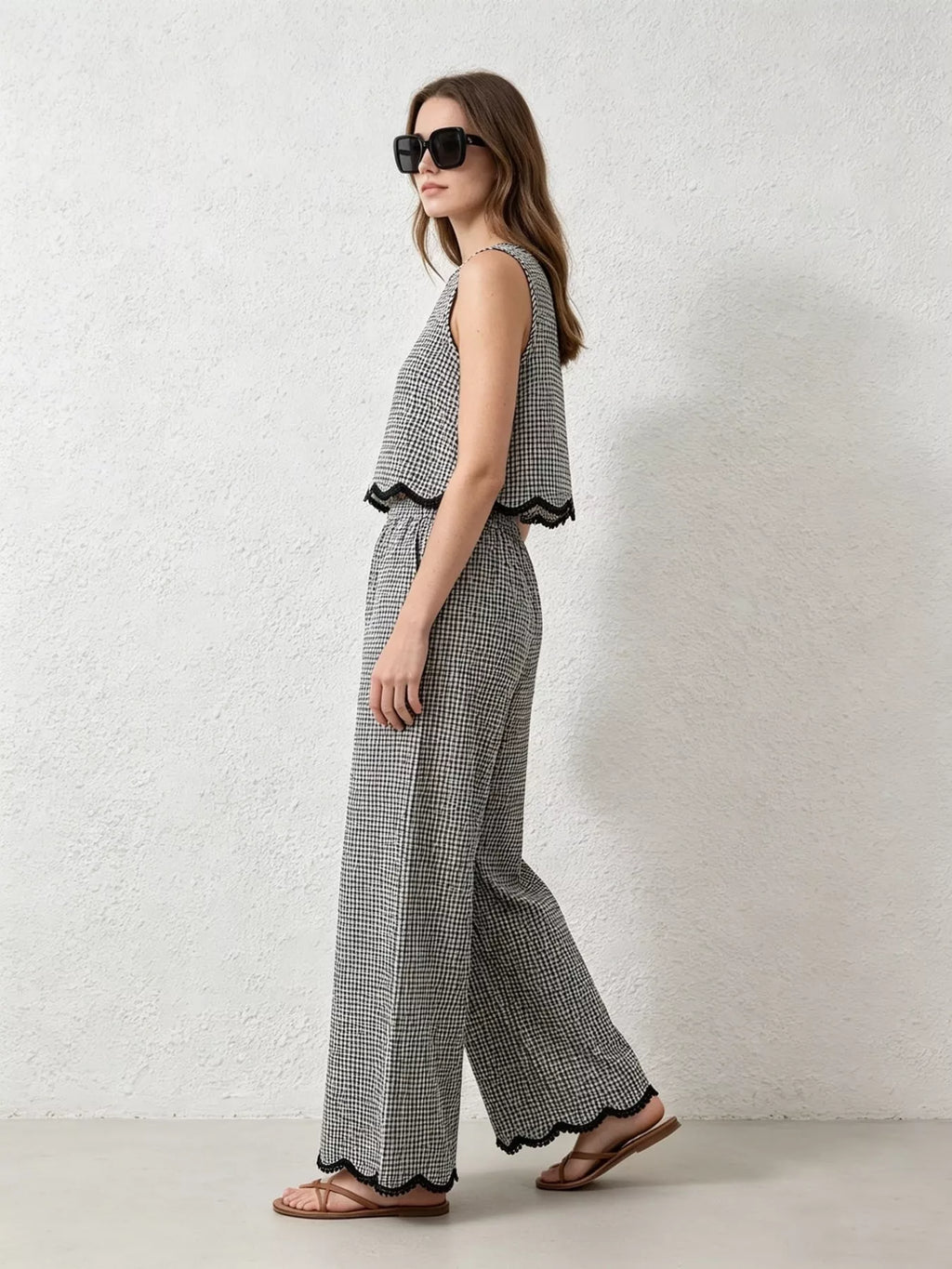 Plaid Scalloped Trim Tank and Pants Set