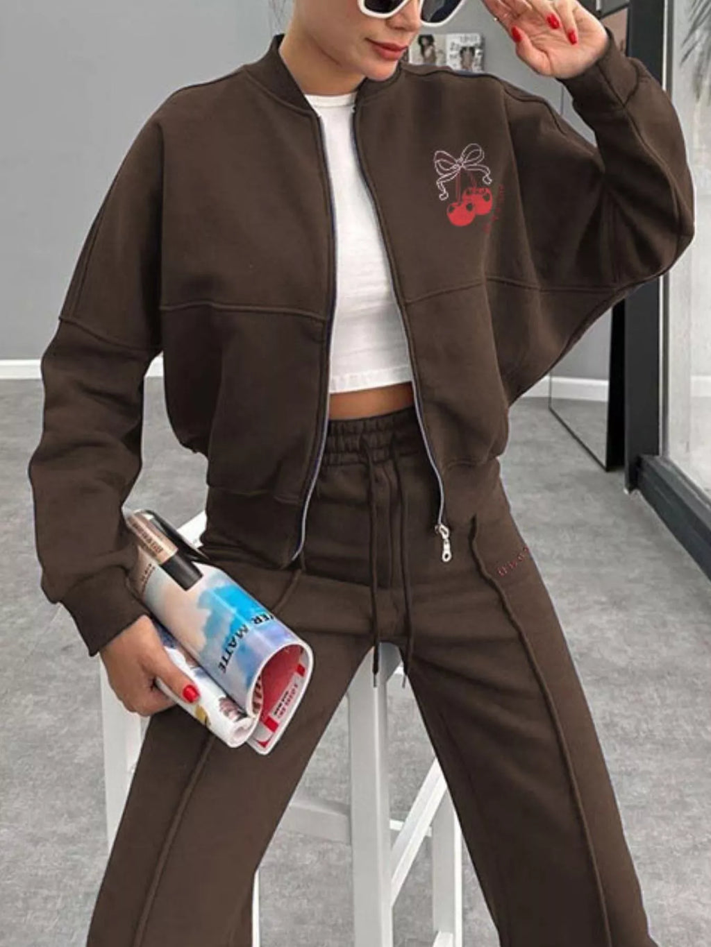 Zip Up Dropped Shoulder Outerwear and Pants Set