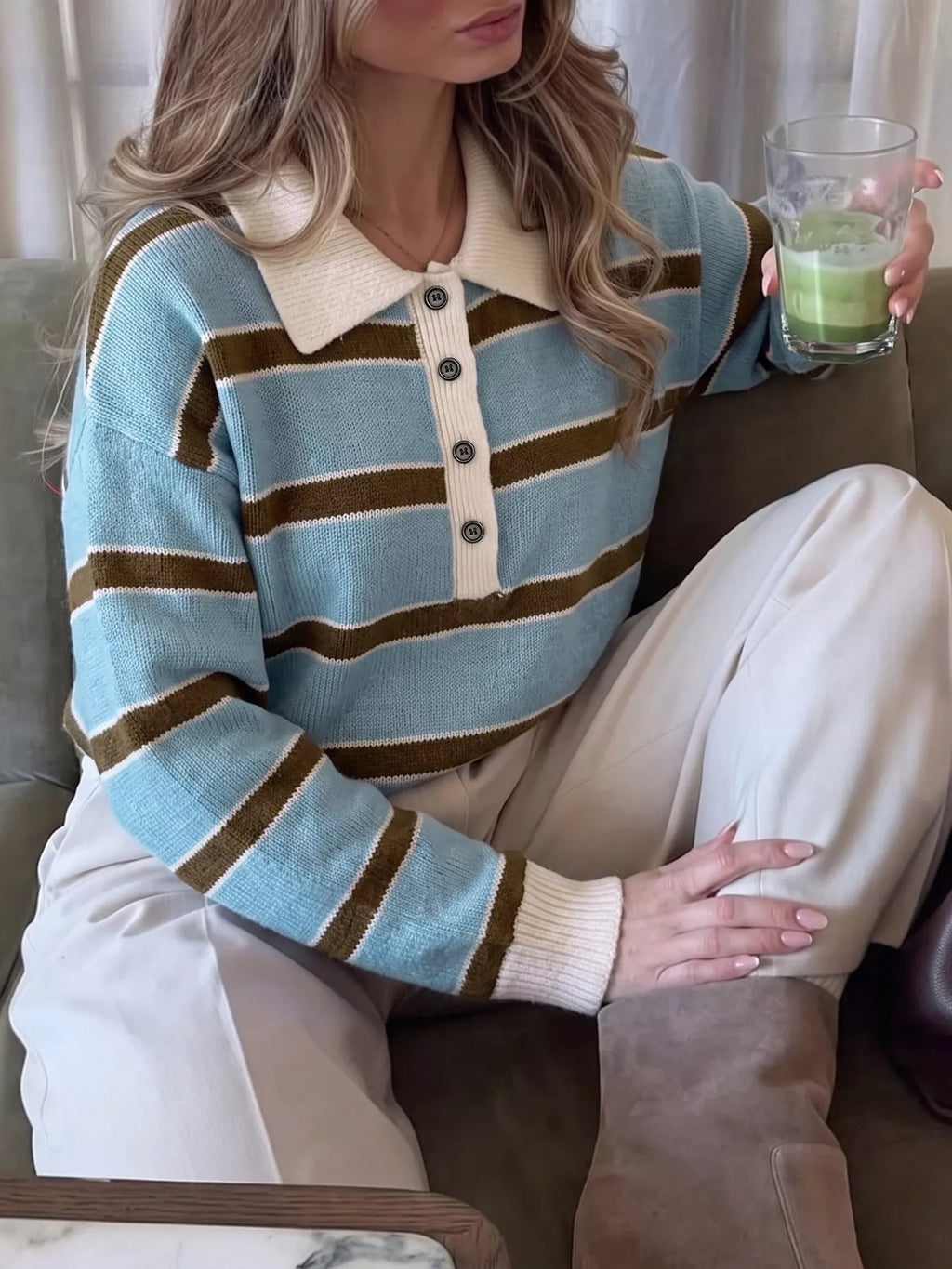 Striped Polo Collar Sweater