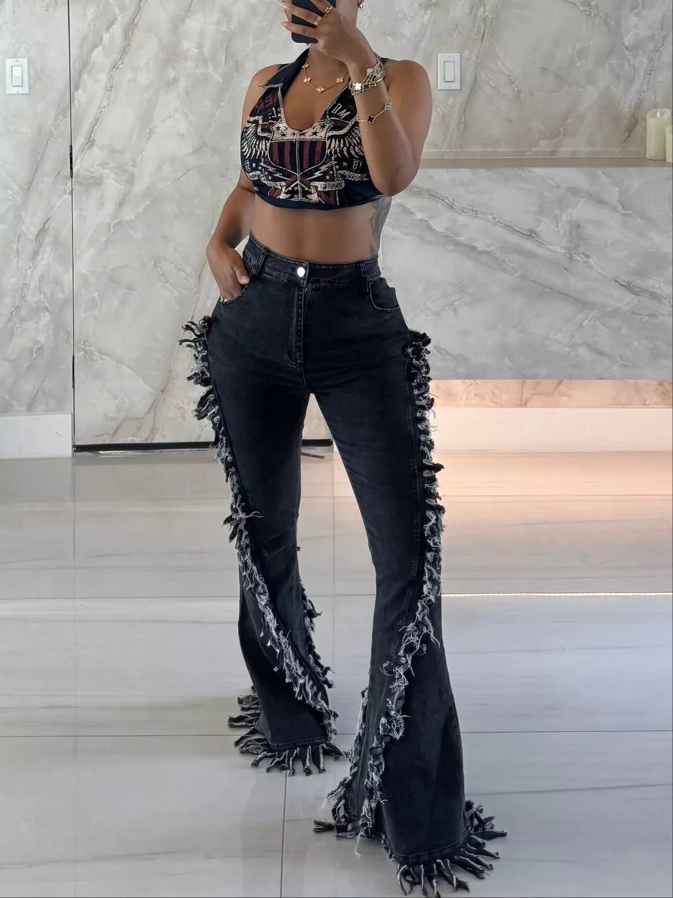 Frayed Trim High Waist Flare Jeans
