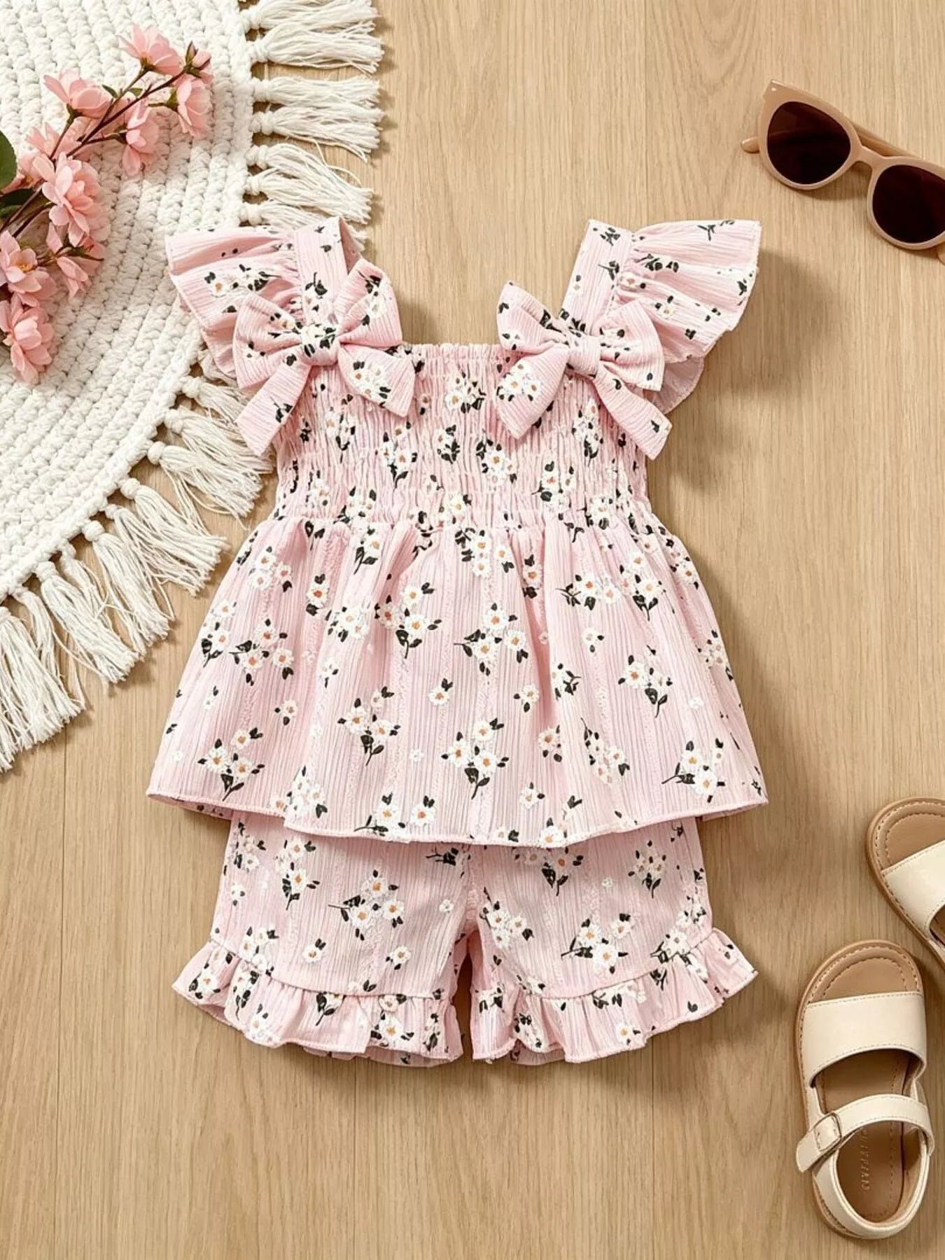 Children's Floral Print Bow Top and Shorts Set