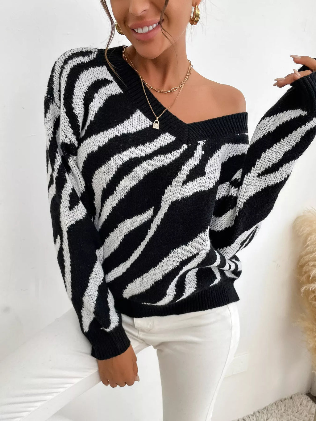 Zebra Print Relaxed Fit Pullover Sweater