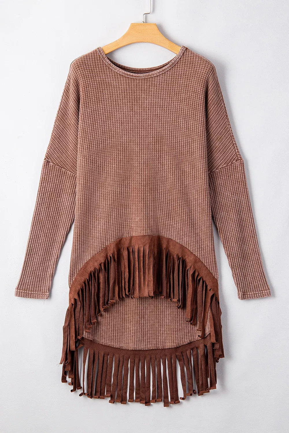 Waffle Knit Fringed High Low Loose Top