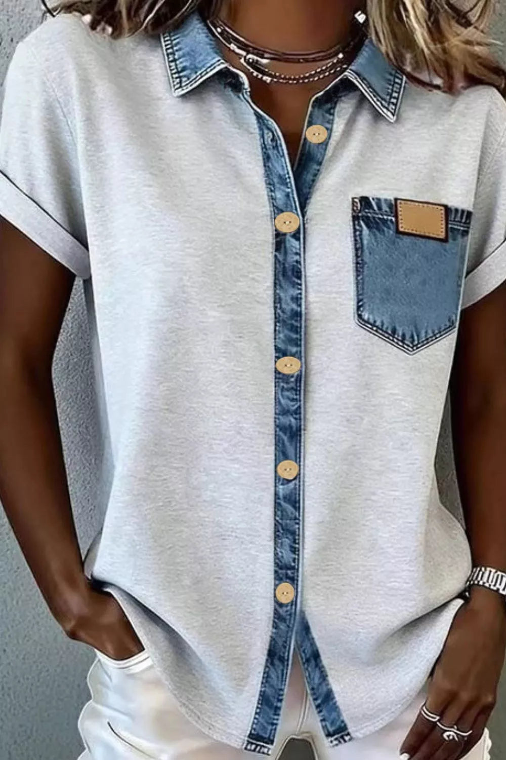 Denim Trim Button-Down Shirt