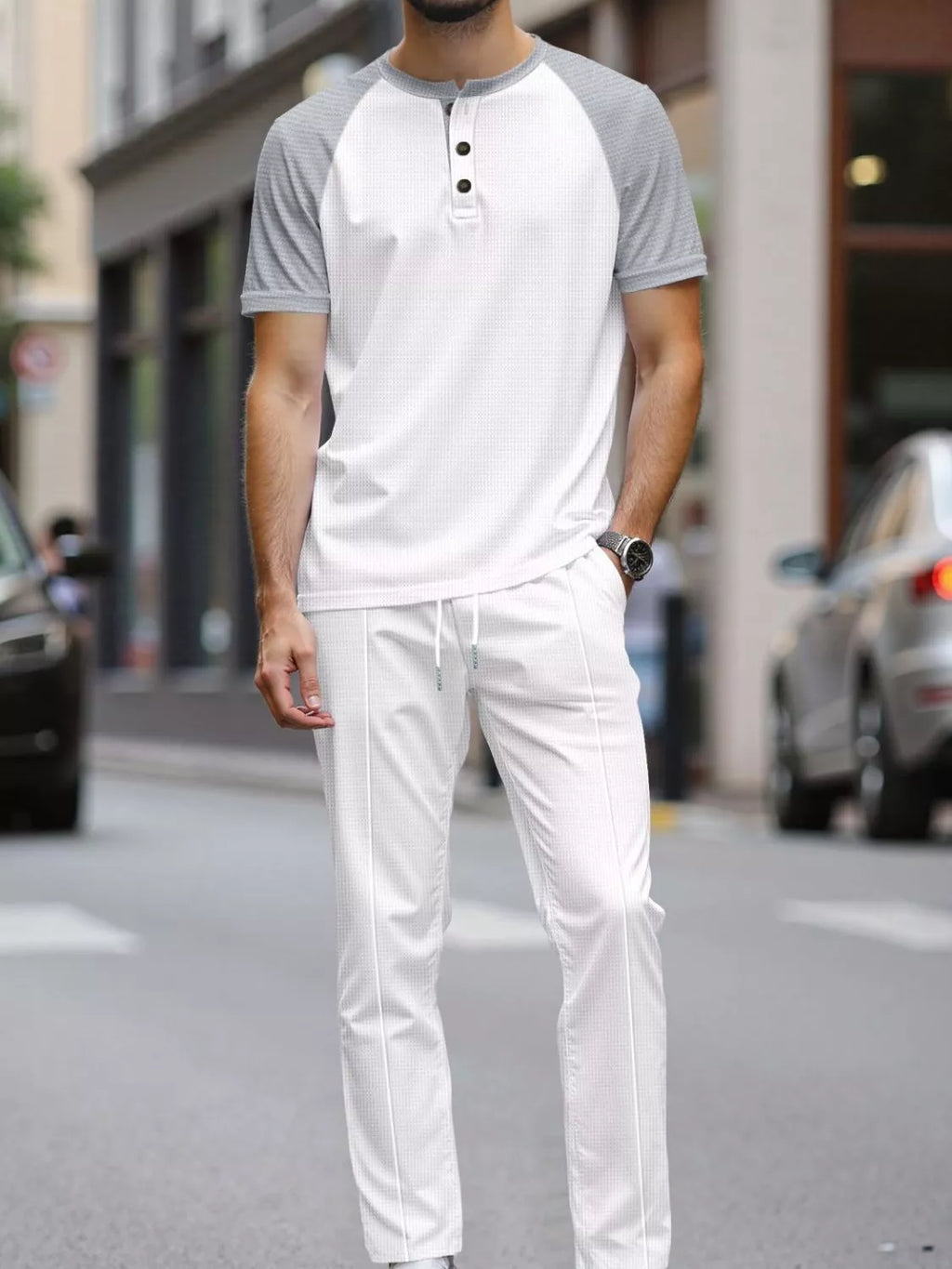 Men's Full Size Casual Two-Tone Raglan Sleeve Tee and Pants Set Plus Size