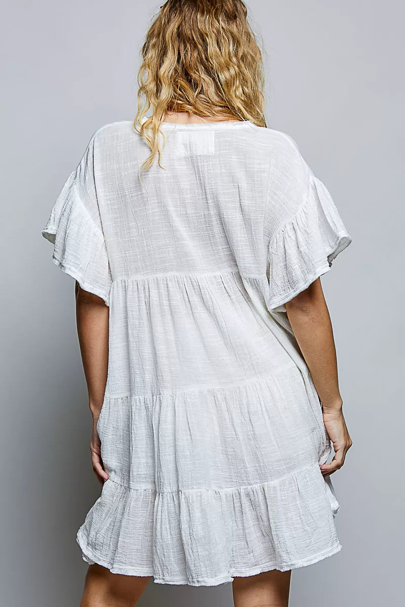 POL Cotton Ruffle Shirred V-Neck Short Sleeve Dress