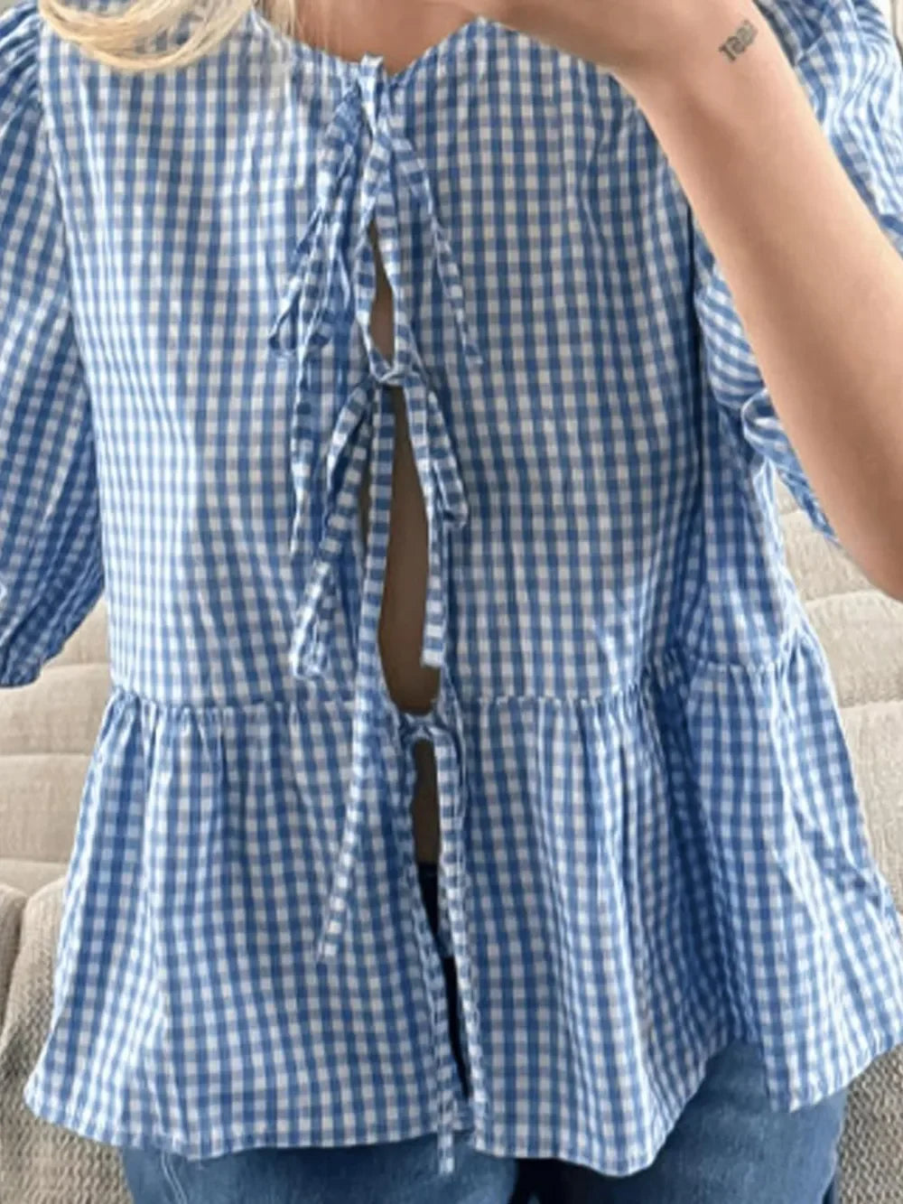 Tied Round Neck Long Sleeve Blouse