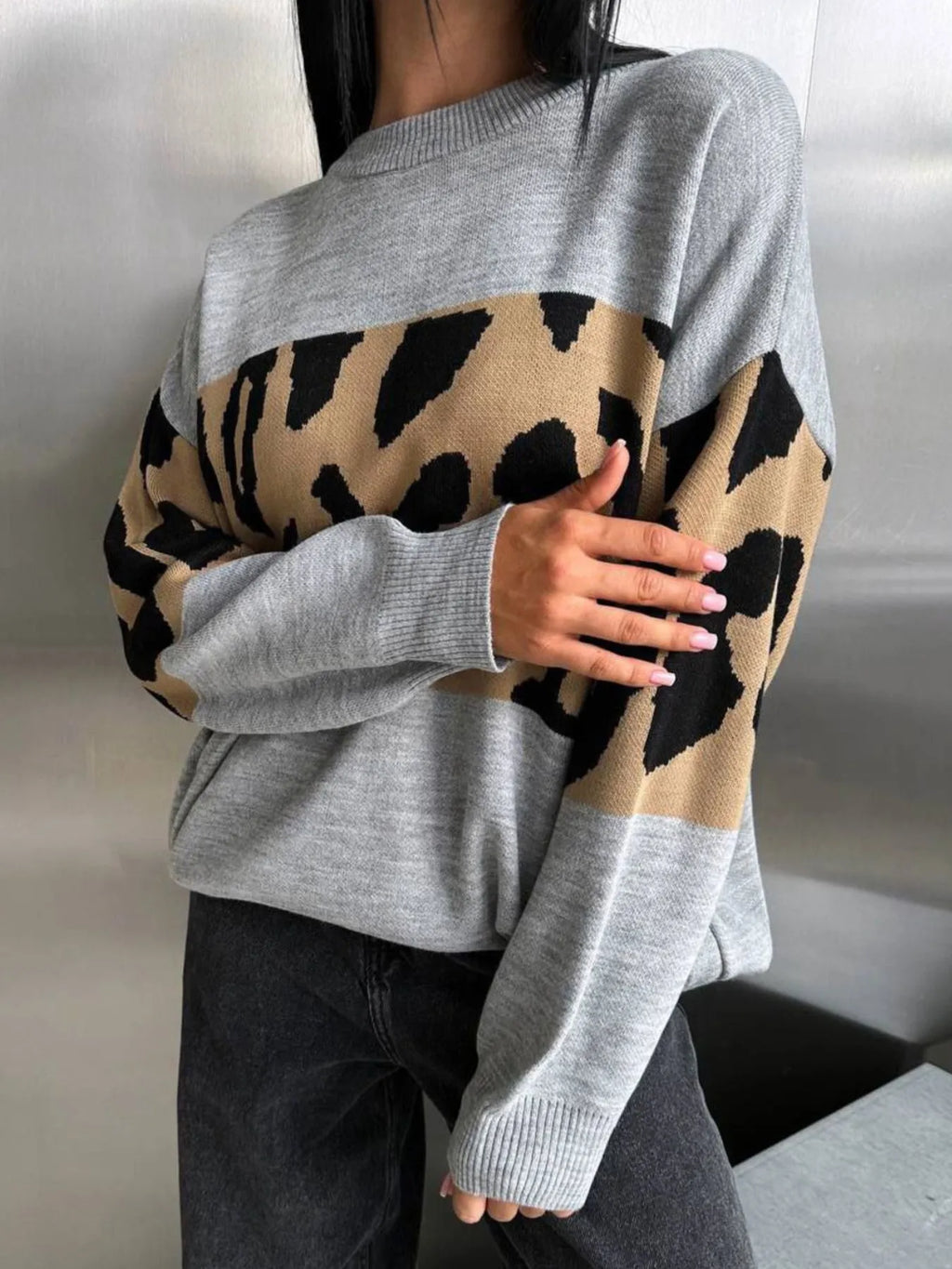 Leopard Color Block Round Neck Sweater