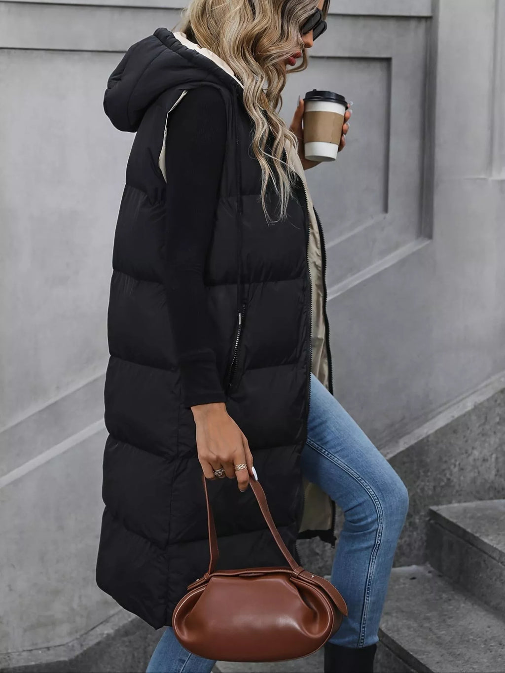 Longline Padded Hooded Vest Coat