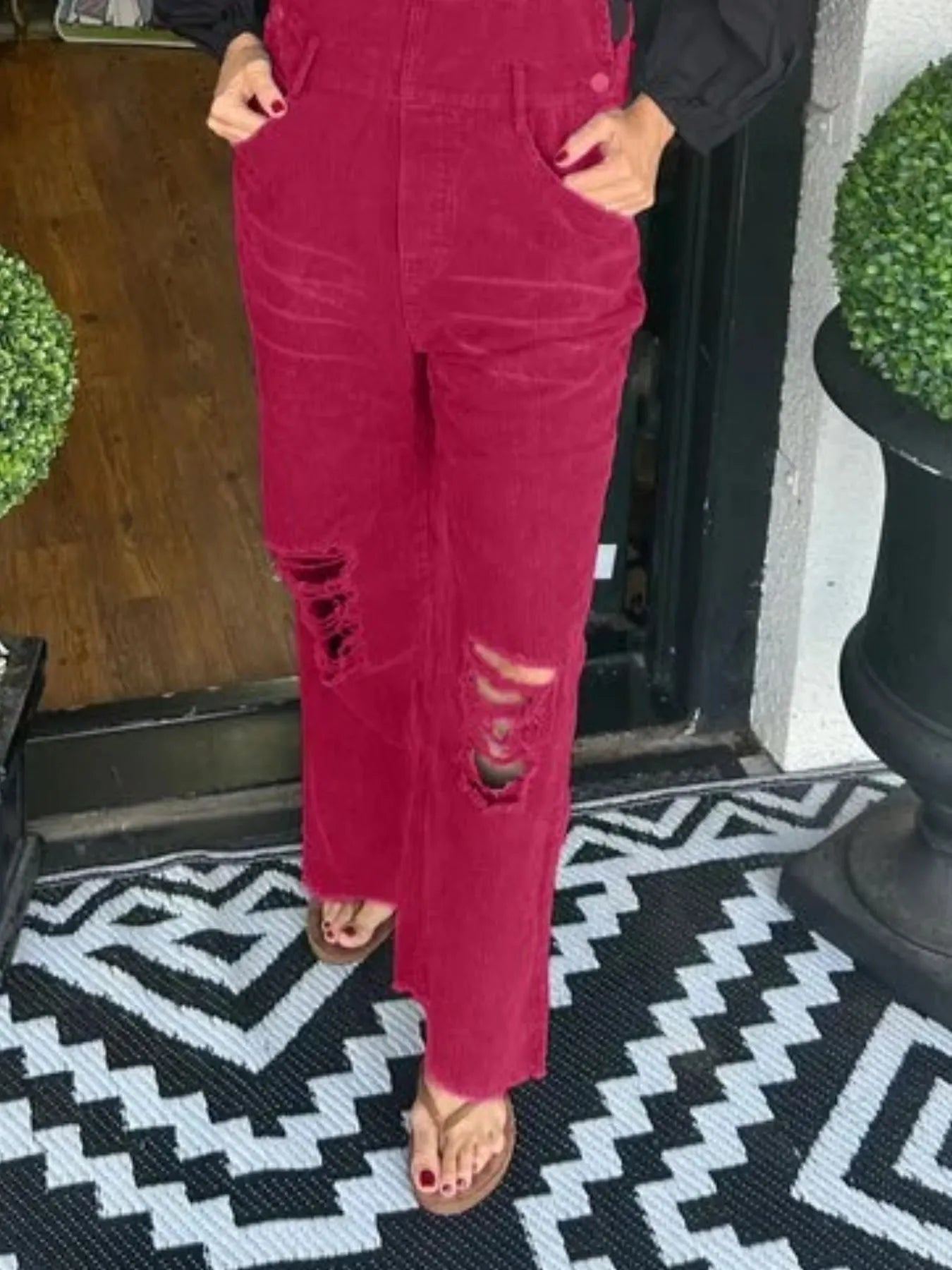 Distressed Wide Leg Corduroy Overalls
