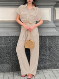 Chest Pocket Short Sleeve Wide Leg Jumpsuit