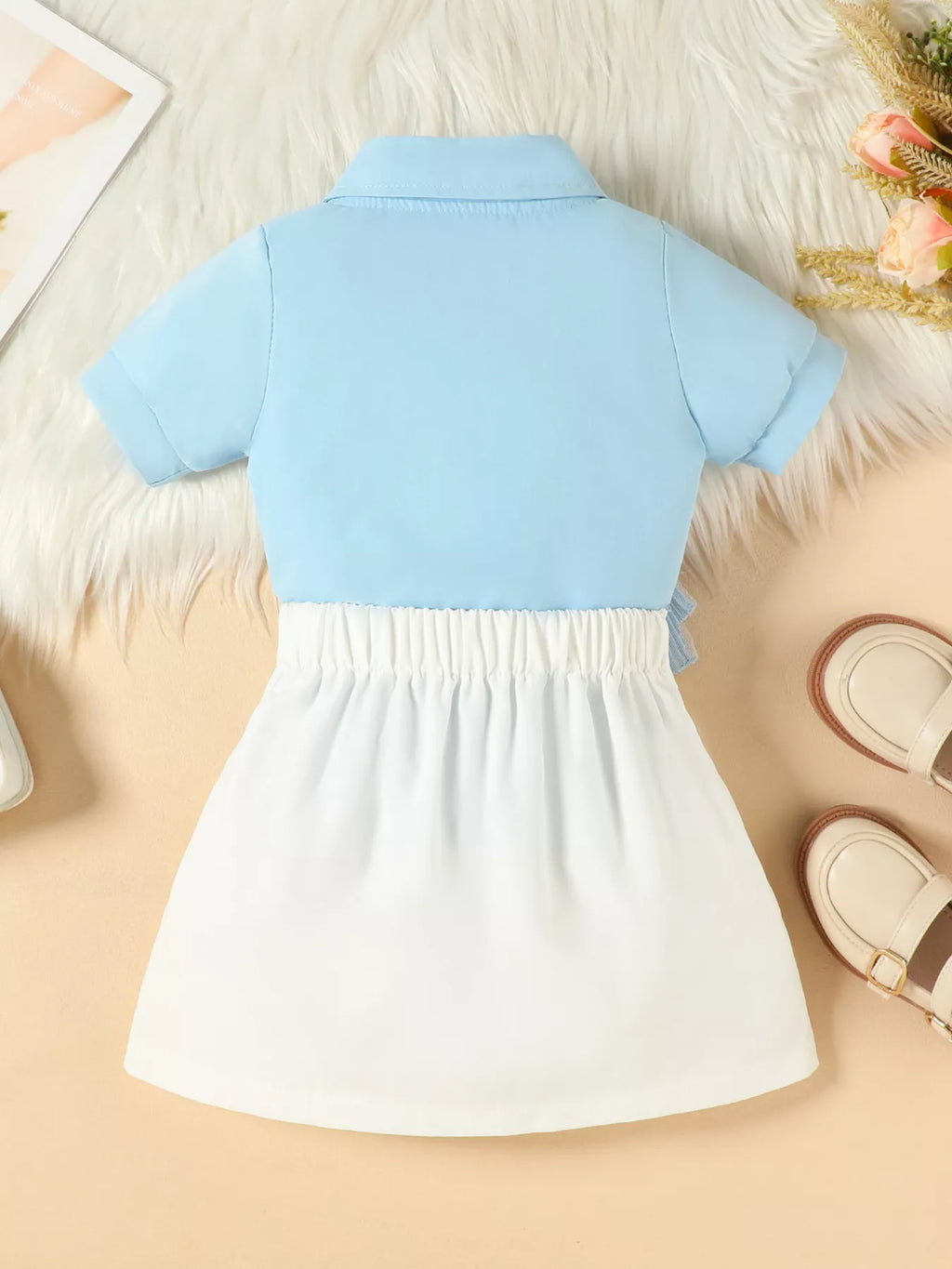 Children's Flower Decor Shirt & Pleated Skirt Set