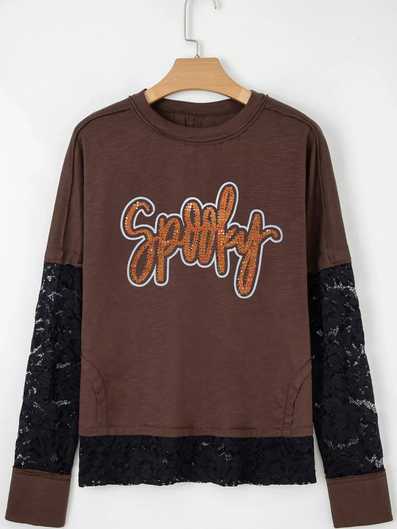 Rhinestone Spooky Graphic Lace Patchwork Long Sleeve T Shirt