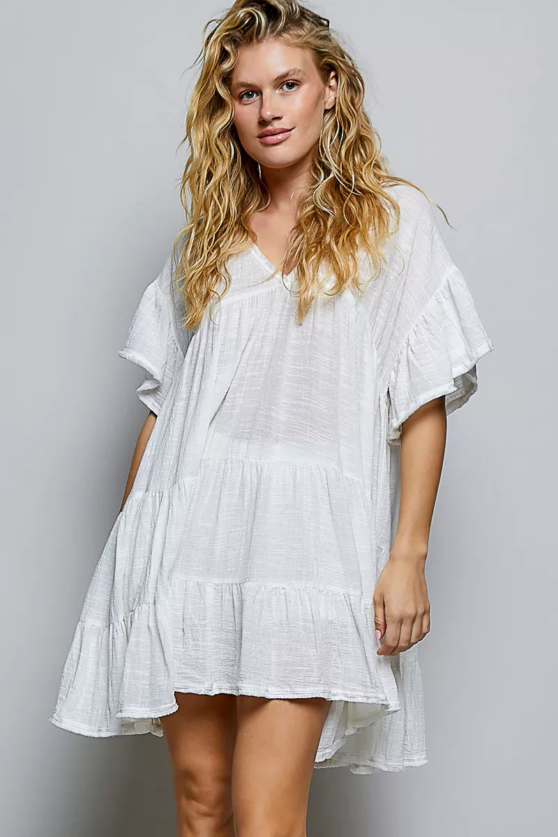 POL Cotton Ruffle Shirred V-Neck Short Sleeve Dress