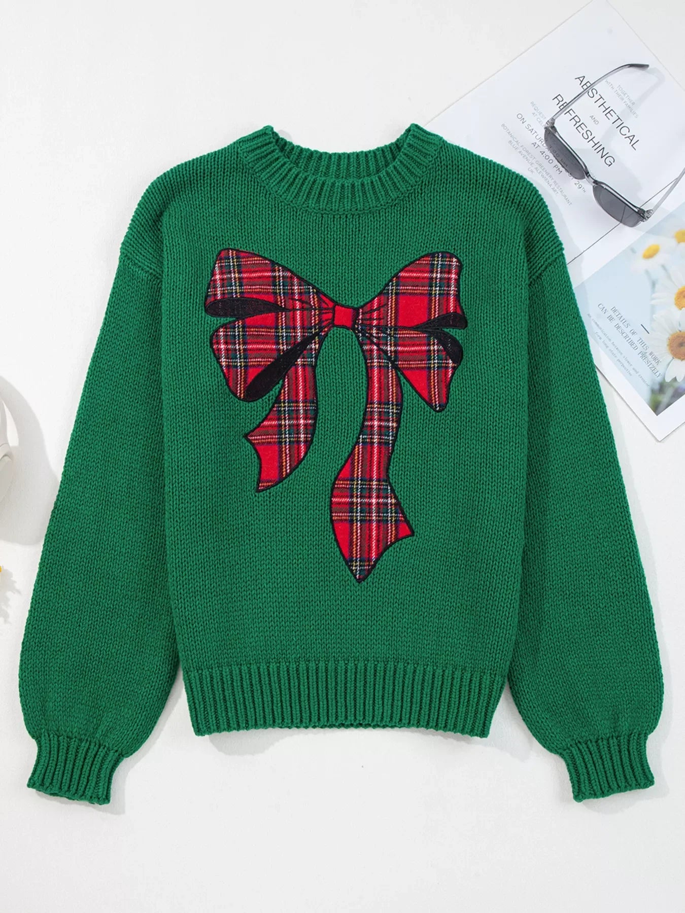 Plaid Bow Graphic Christmas Sweater