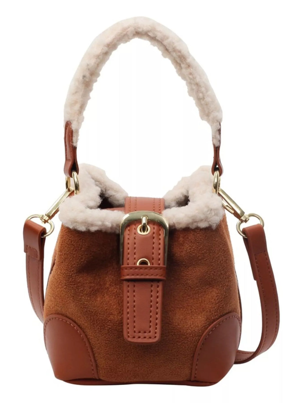 Fuzzy Trim Bucket Crossbody Bag