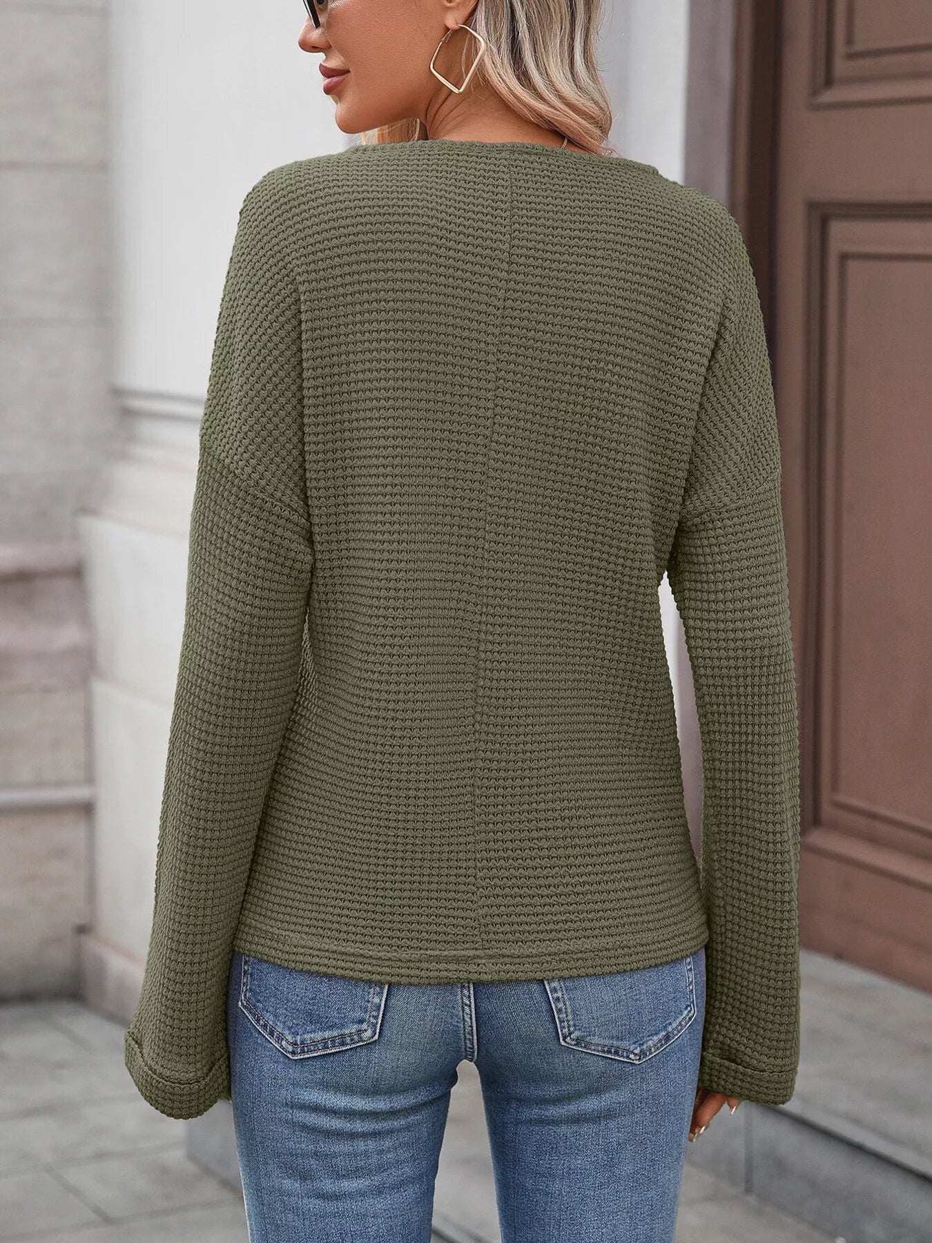 Striped Notched Long Sleeve T-Shirt