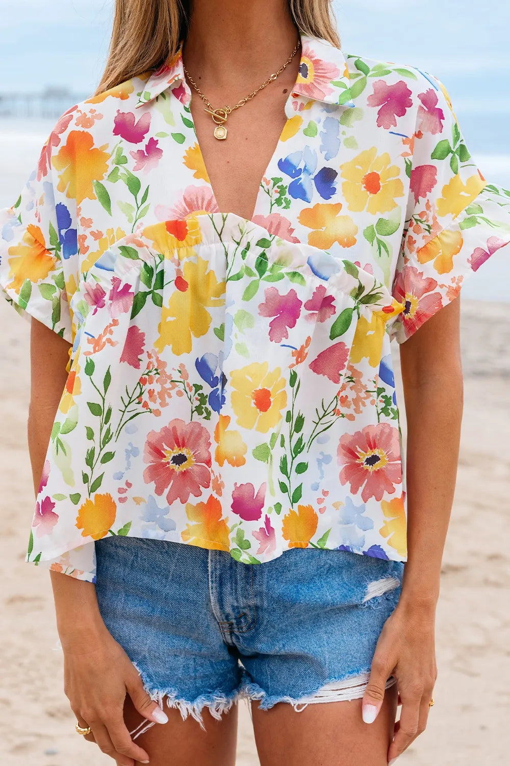 Floral Boxy Fit Ruffled Short Sleeve Blouse