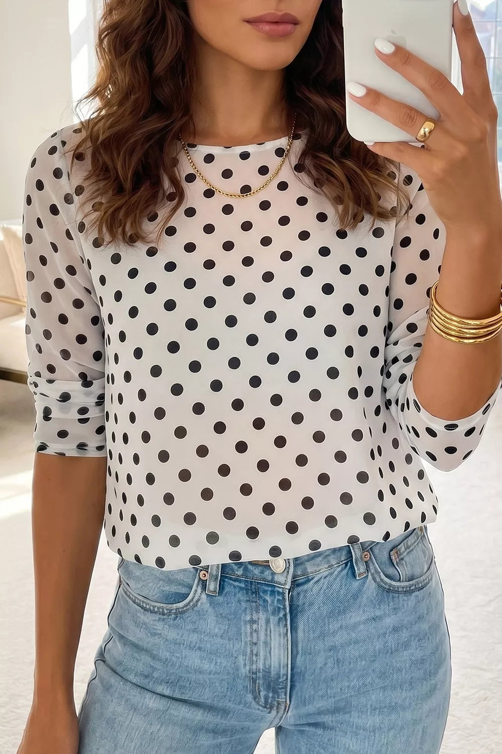 Polka Dot Sheer Mesh Long Sleeve Round Neck Shift Top