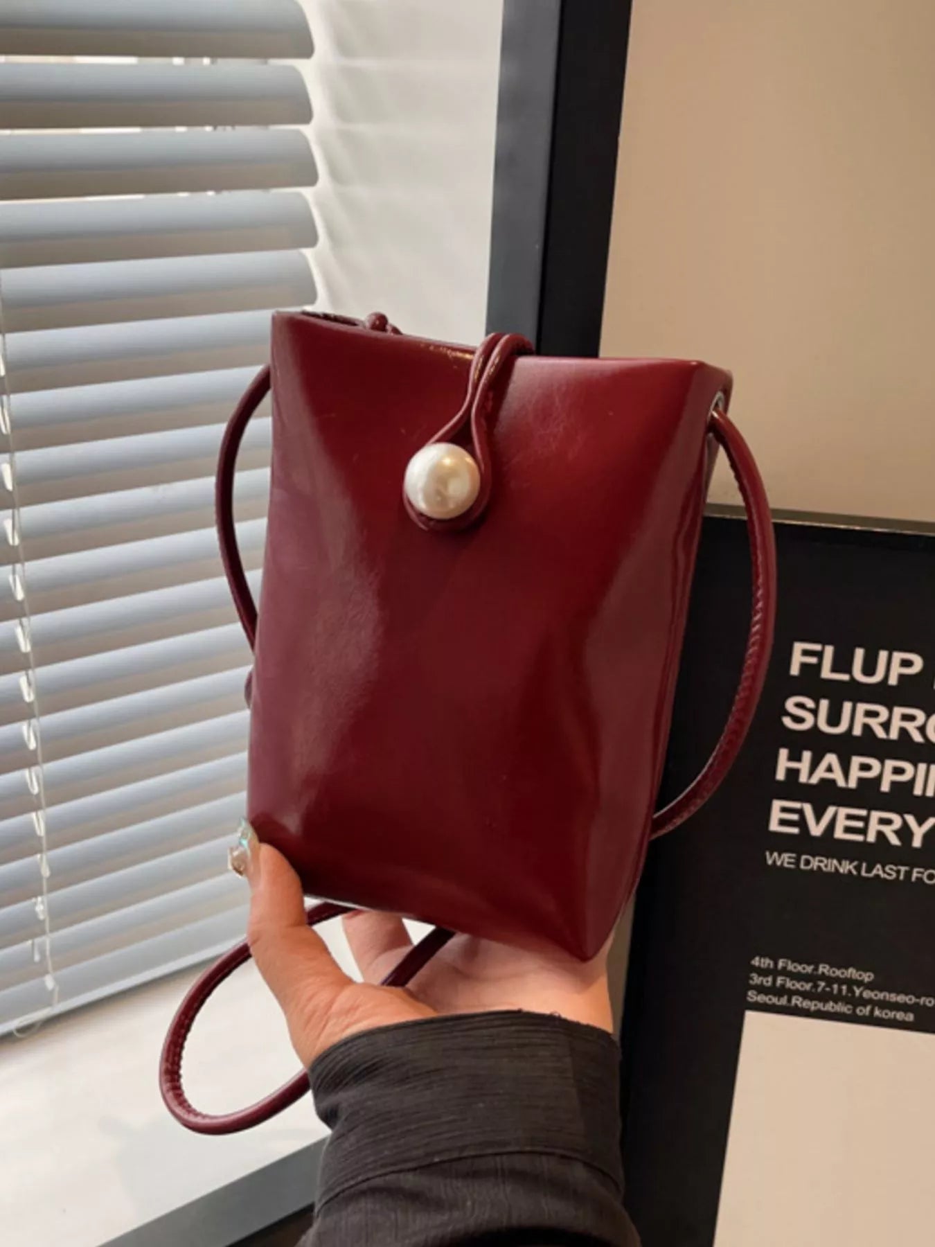 Pearl Decor Faux Leather Crossbody Bag