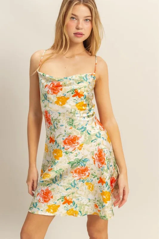 HYFVE Floral Cowl Neck Flirty Satin Mini Dress