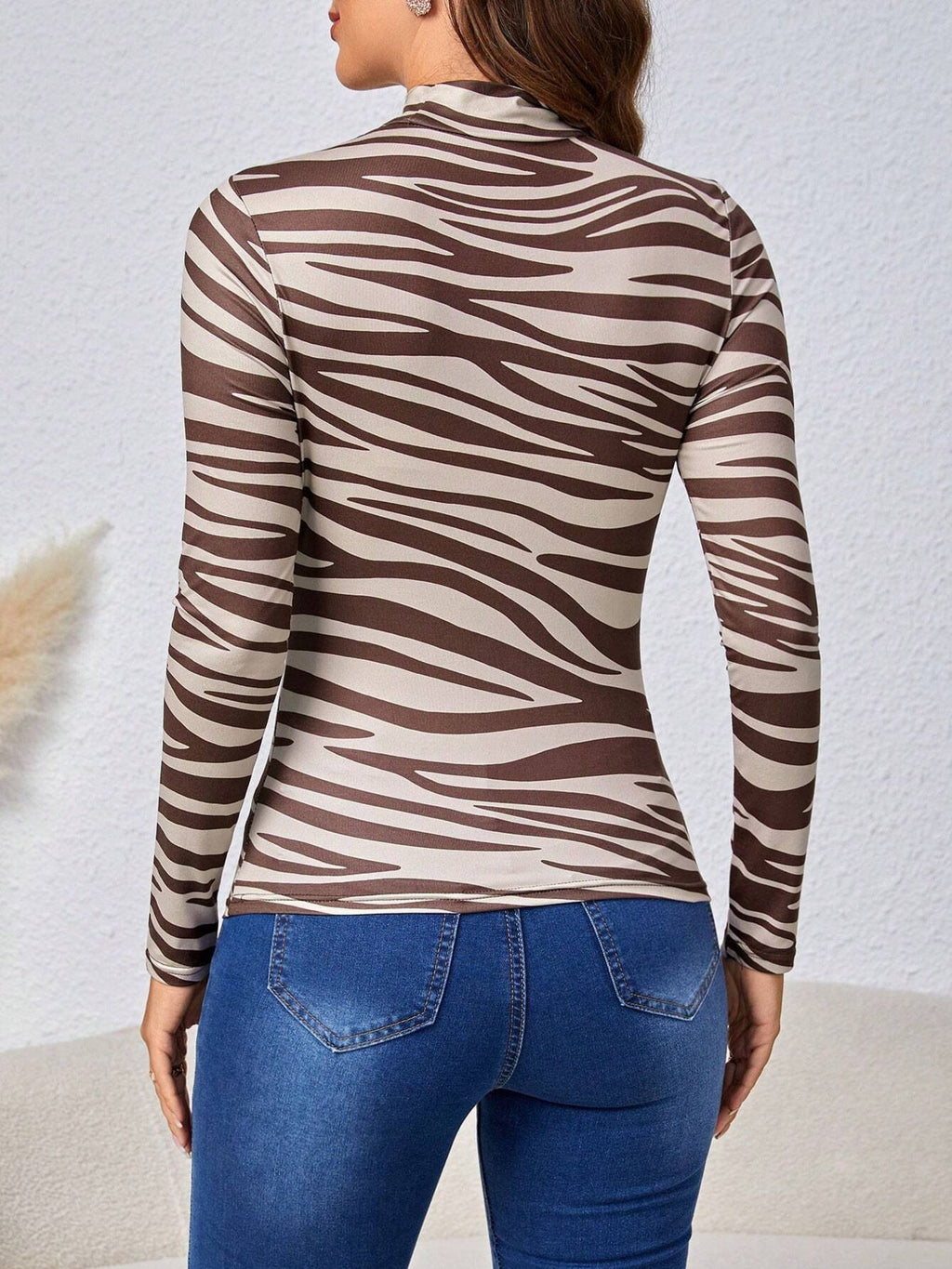 Animal Print Mock Neck Long Sleeve T-Shirt
