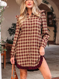 Plaid Print Ruffled Long Sleeve Patchwork Hem Mini Shirt Dress