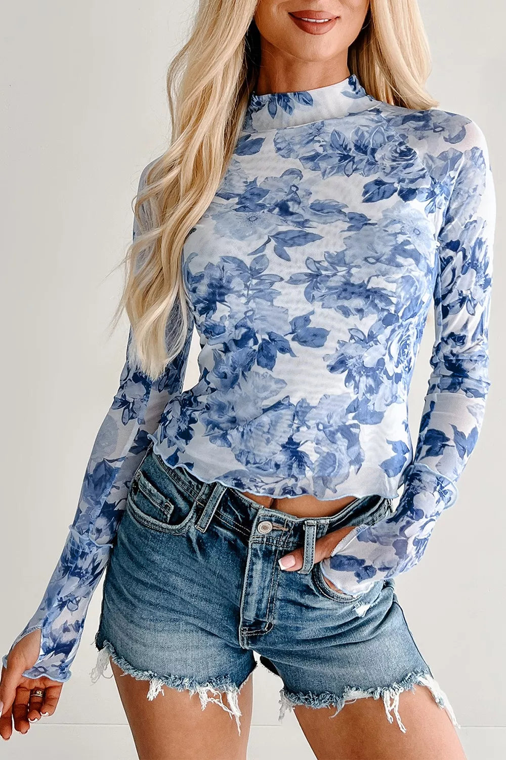 Floral Print Long Sleeve Stand Neck Mesh Top