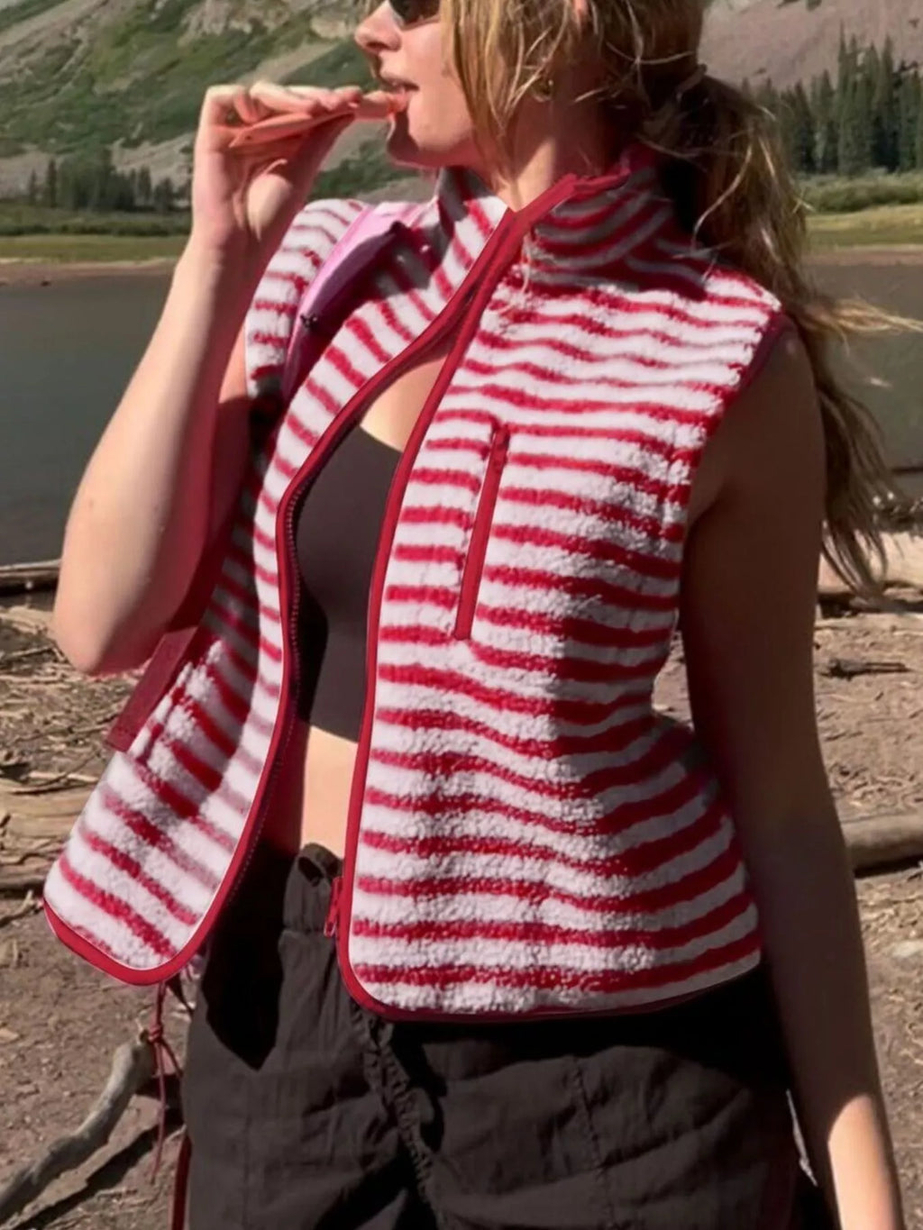 Striped Fleece Zip-Up Vest Coat