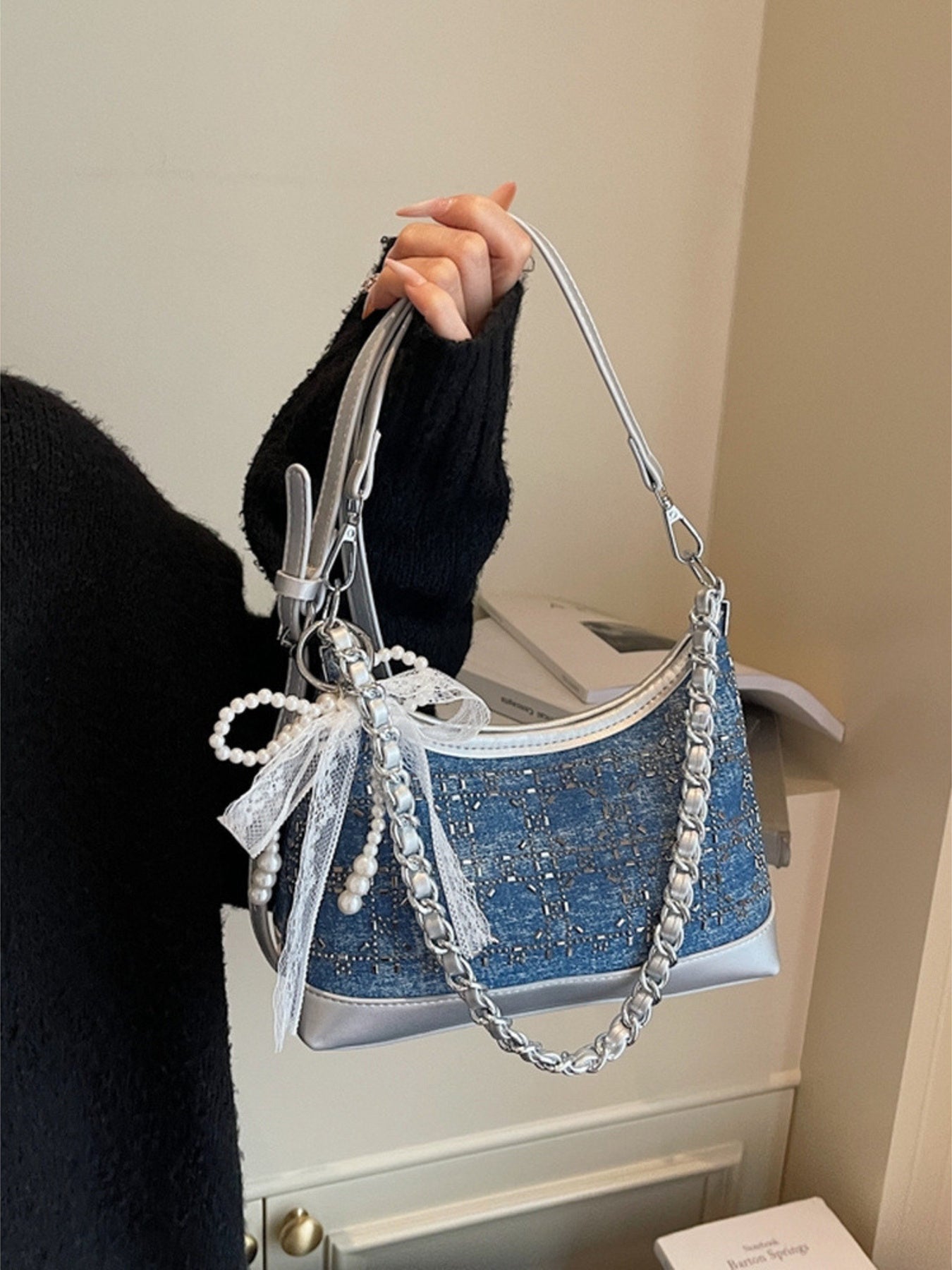 Tweed Pearl Decor Crossbody Bag