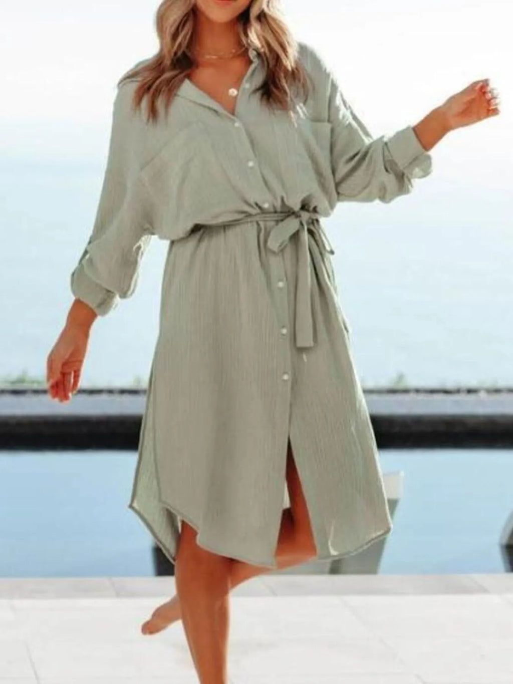 Button Down Tie Waist Shirt Dress