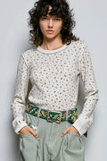 POL Ribbed Knit Floral Crew Neck Long Sleeve Top