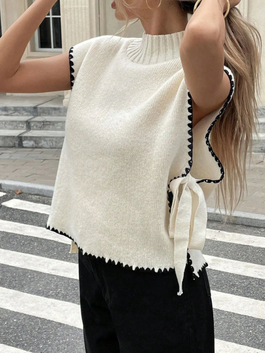 Ribbed Turtleneck Sweater Vest with Contrast Trim