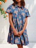 Floral Print Denim Button-Down Tiered Mini Dress