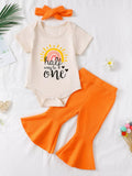 Children's Short Sleeve Bodysuit and Flare Pants Set with Headband
