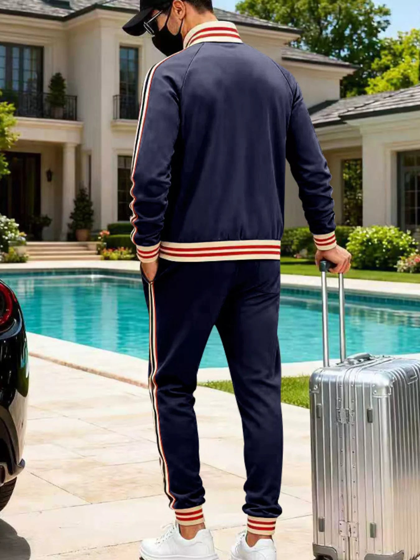 Men's Full Size Striped Zip Up Outerwear and Pants Plus Size