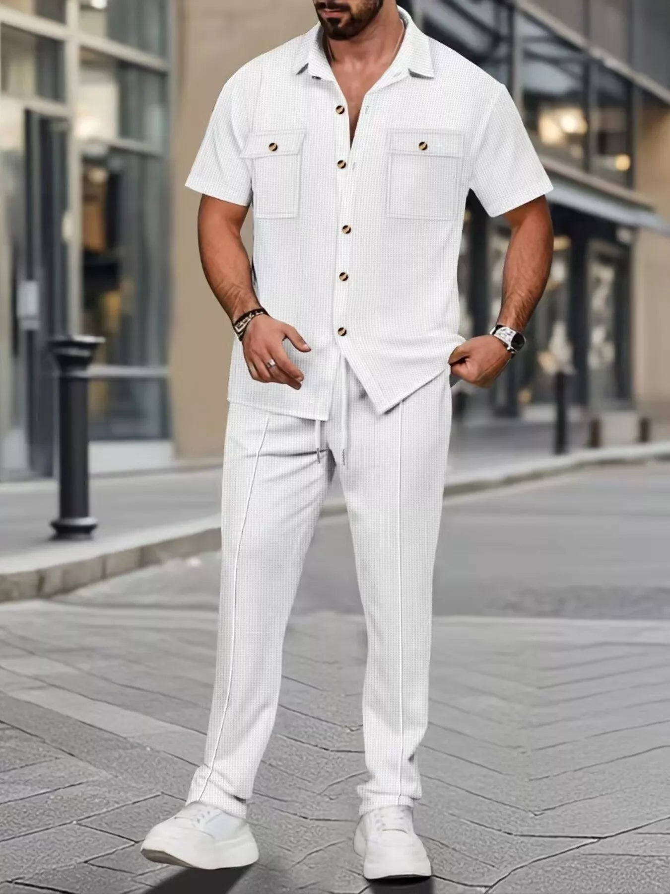 Men's Full Size Casual Short Sleeve Shirt and Pants Set Plus Size