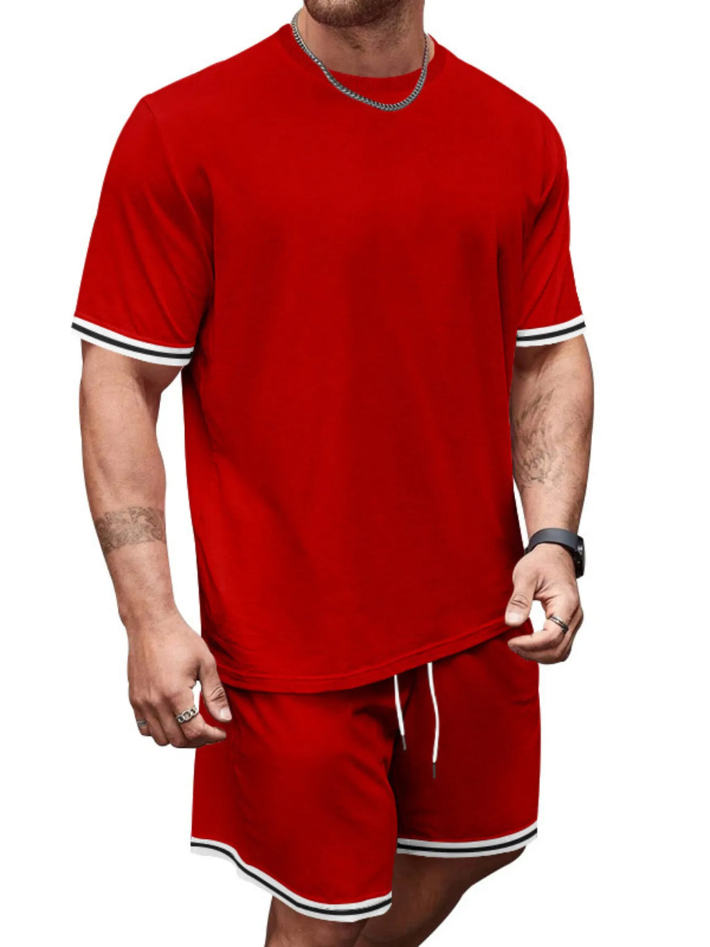 Men's Full Size Striped Short Sleeve Tee and Shorts Set Plus Size