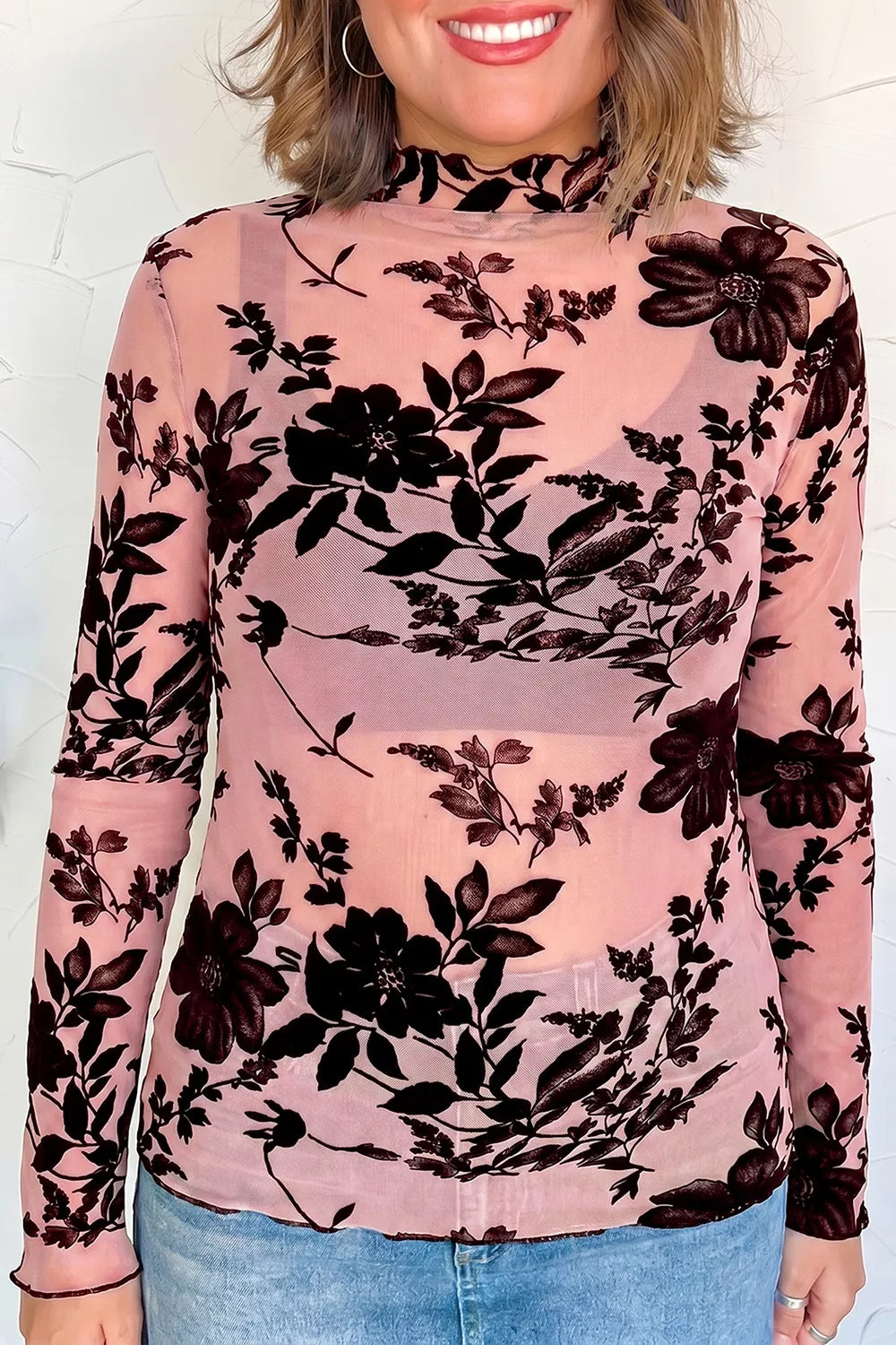 Floral Print Mesh Long Sleeve Pullover Blouse