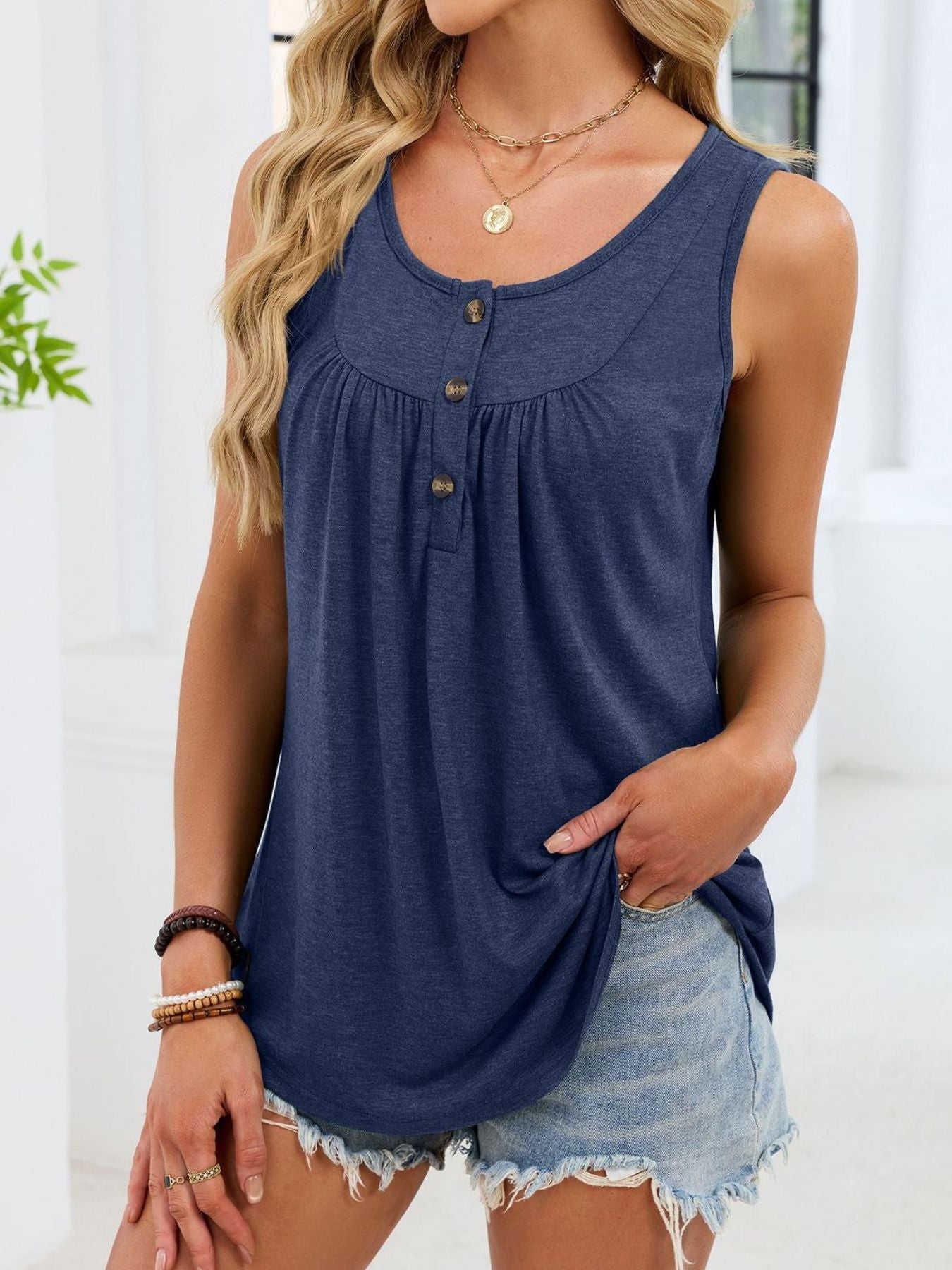Button Detail Round Neck Tank