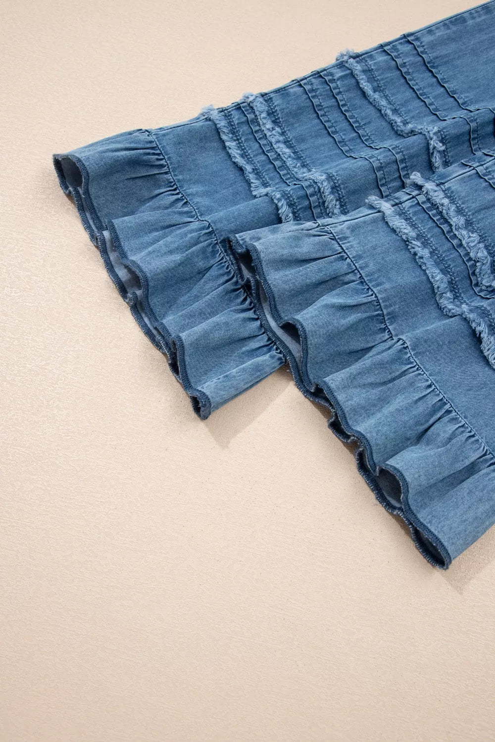Ruffled Hem Wide Leg Chambray Pants