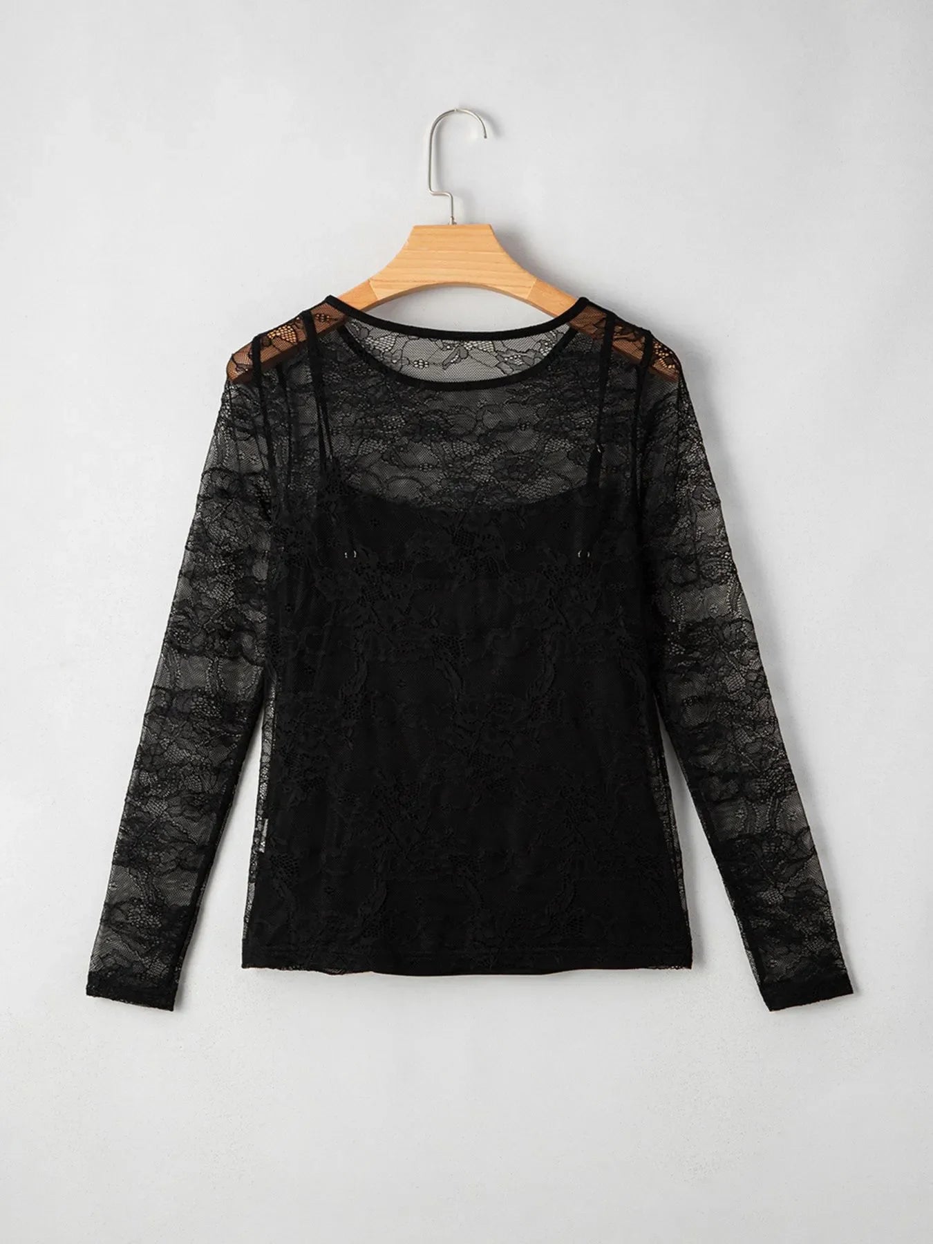 Lace Crochet Mesh Patched Slim Fit Long Sleeve Top