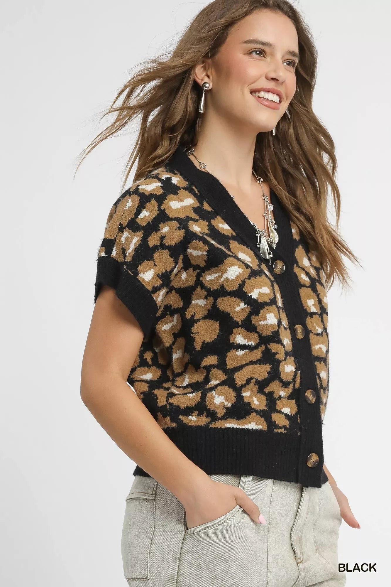 Umgee Leopard Button Down Short Sleeve Cardigan