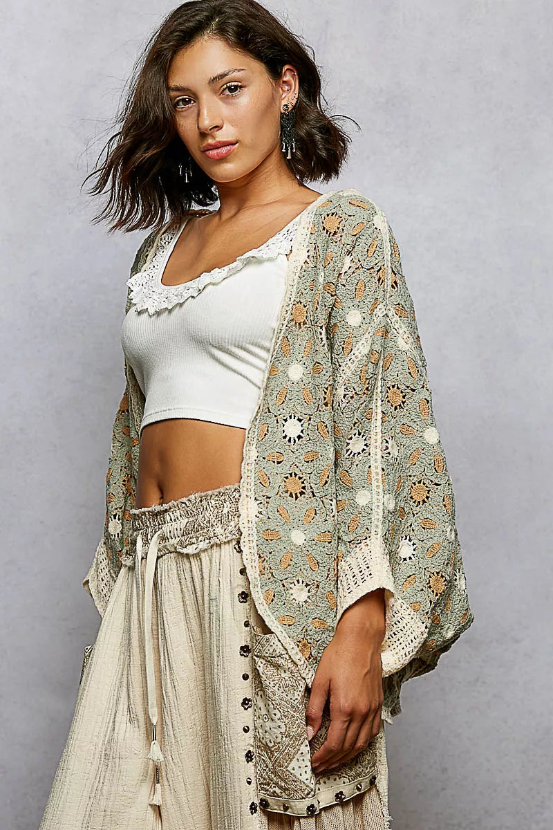 POL Open Front Floral Pattern Crochet Cardigan