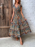 Printed V-Neck Cap Sleeve Dress