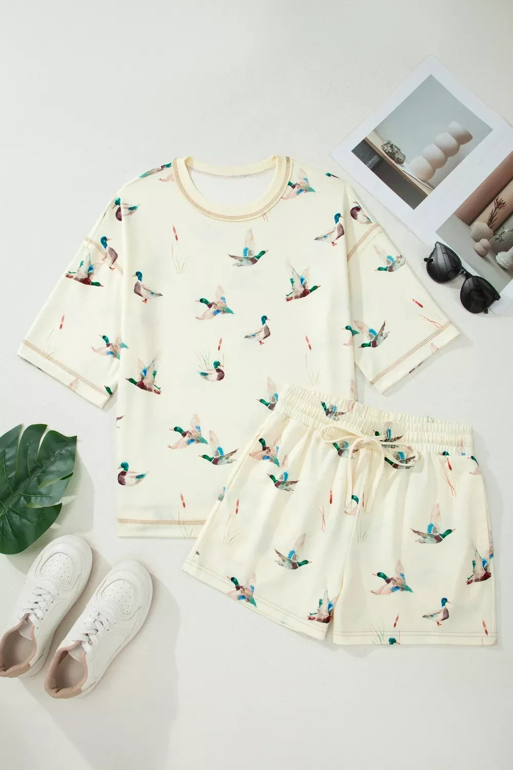 Mallard Duck Print Oversized Tee Drawstring Short Set