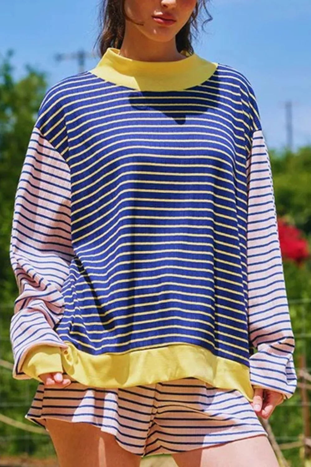 Stripe Color Block Long Sleeve Pullover Ribbed Knit Casual Shorts Set