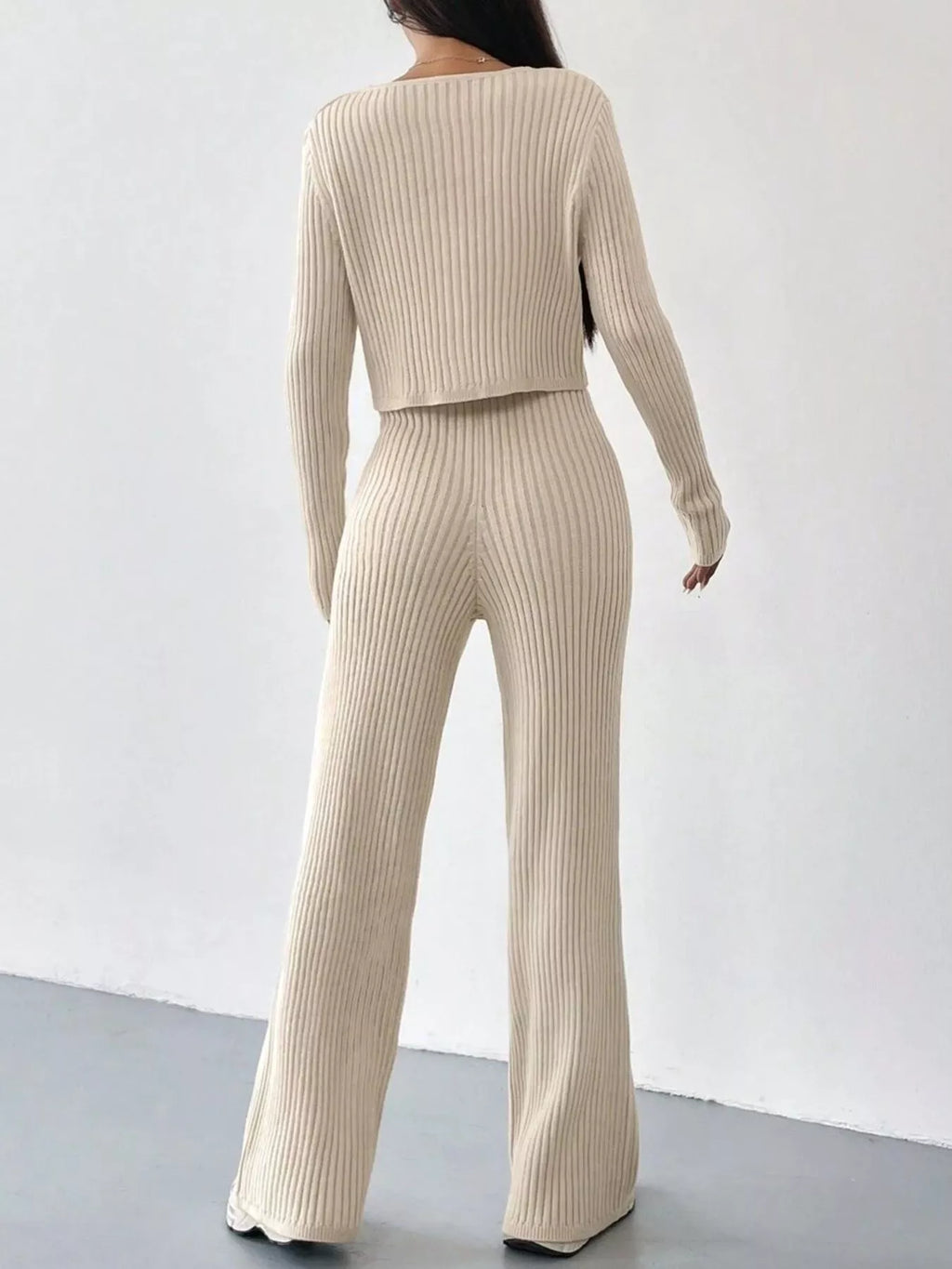 Ribbed Knit Button Up Top and Pants Set
