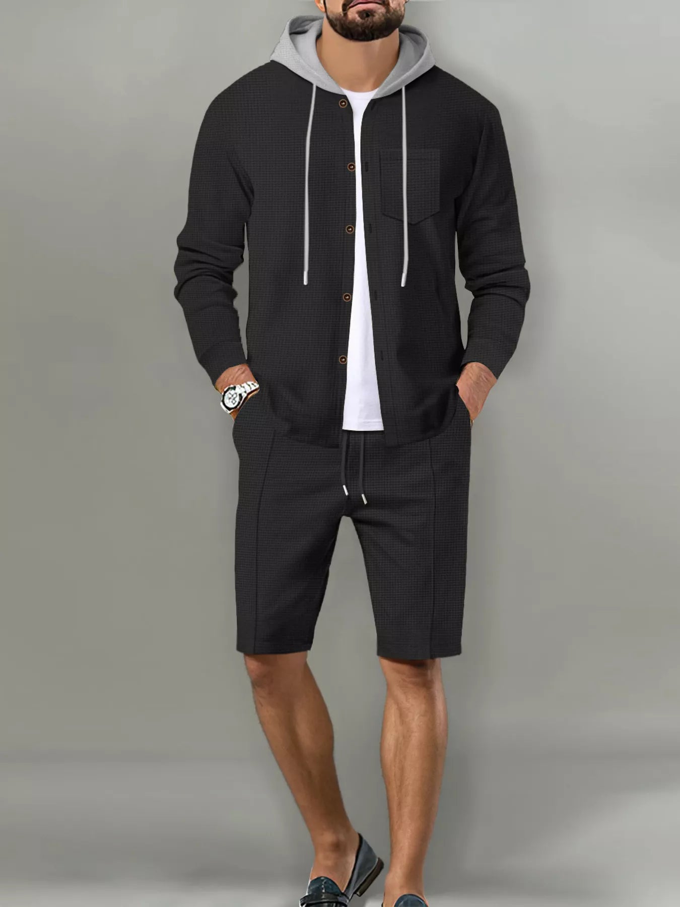 Men's Full Size Casual Hooded Button-Up Top and Shorts Set Plus Size