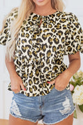 Leopard Bow Tie Front Puff Sleeve Peplum Blouse